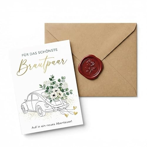 Sinnblatt Hochzeitskarte edel, Glückwunschkarte zur Vermählung für Hochzeitsgeschenke, romantische Karte Hochzeit mit Boho Auto & Eukalyptus, Premium Faltkarte für Brautpaar ins neue Abenteuer.