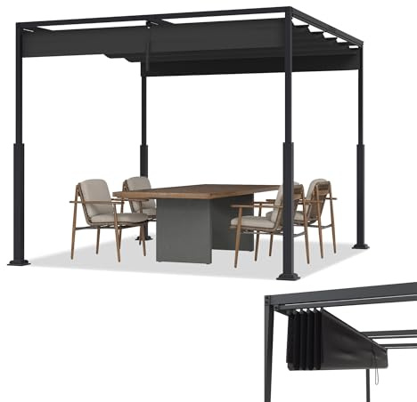 TATIVALO 3×3 m Freistehende Metall Pergola Schwarz mit Schiebedach, wetterfest, Pulverstahl, UV- und wasserdicht, Lamellendach, Winterfest, Sonnenschutz für Garten, Terrasse, Balkon, Partyzelt
