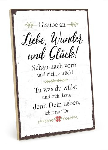 TypeStoff Holzschild mit Spruch – GLAUBE AN WUNDER, LIEBE UND GLÜCK – im Vintage-Look mit Zitat als Geschenk und Dekoration zum Thema Zukunft und Leben - HS-00362