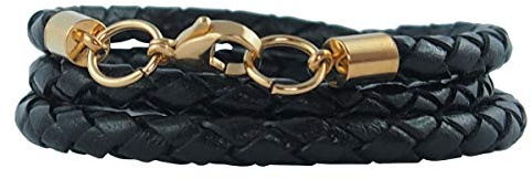 König Design Lederkette Lederhalsband Lederarmband 4 mm Herren Halskette schwarz 50 cm lang mit Karabiner Verschluss Gold geflochten