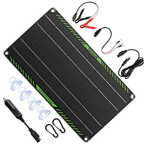 Topsolar 10 Watt 12 Volt Solar Trickle Charger 10W 12V Solar Panel Car Battery Charger Portable Solar Battery Maintainer for Car Motorcycle Boat Marine RV + Cigarette Lighter Plug Alligator Clip