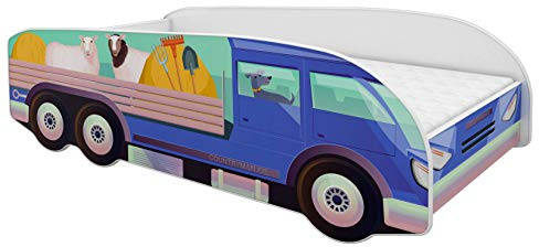 ACMA Kinderbett LKW Truck 160x80 cm Autobett Juniorbett für Kinder mit Matratze und Lattenrost, Spielbett mit Rausfallschutz, Kinderzimmer Bettmöbel, Design 05 Landwirtschaftlicher LKW