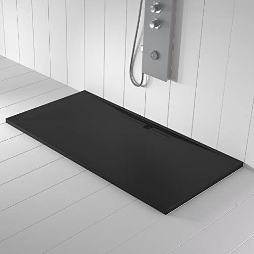 Piatto doccia in marmoresina, colore nero, scarico laterale, superficie ad effetto pietra ardesia, serie Nizza, slim 3 cm, rivestito di Gelcoat, antiscivolo