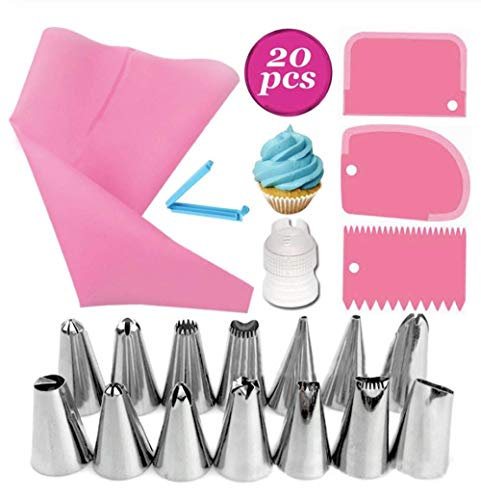 KOKSI 20-Piece Cake Decorating Kit with Silicone Pastry Bag, 14 Piping Tips, 1 Coupler, 3 Cake Scrapers