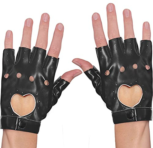 Skeleteen Fingerless Biker Jazz Gloves - 80s Style Gothic Black Faux Leather Punk Biker Gloves with Heart Cutout for Women and Kids