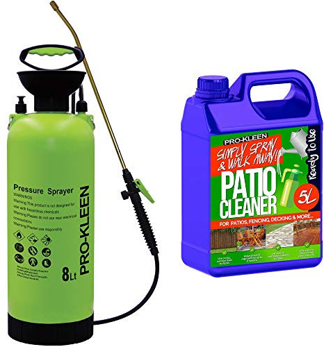 Pro-Kleen Patio Cleaner Garden Pressure Pump Sprayer 8L Manual Action With Brass Lance - Spare Seal Kit - Ready to Use 5L - Also For Weed Killer, Pesticides, Herbicides, Insecticides, (8 Litres)