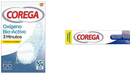 Corega, Oxígeno Bioactivo, Tabletas Limpiadoras para Prótesis Dentales, 66 Tabletas y Corega, Acción Total, Crema Fijadora para Prótesis Dentales, Hasta 12 Horas de Fijación, 70 g