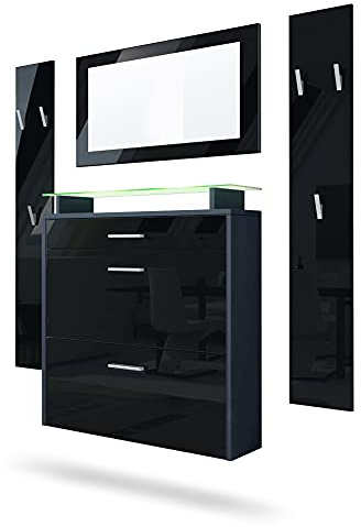 Vladon Garderobe Malea, Garderobenset bestehend aus 1 Hängeschuhschrank, 1 Wandspiegel und 2 Garderobenpaneele, Anthrazit matt/Schwarz Hochglanz, inkl. LED-Beleuchtung RGB