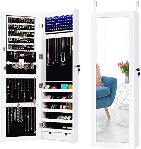 RELAX4LIFE Schmuckschrank mit 15 LED Leuchten & Spiegel, Hängeschrank im Landhausstil, Spiegelschrank mit 2 Schubladen & 2 Schlüsseln, Tür- & Wandmontage, für Ohrringe & Ketten & Ringe, Weiß, Holz