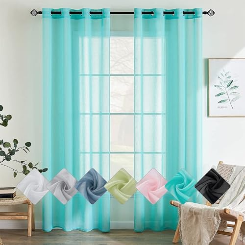 EMEMA Gardinen mit Ösen 2er Set 145cm Lang Türkis Vorhang Voile Vorhänge | Vorhang mit Ösen Transparente Polyester Ösenschal Transparent Wohnzimmer Luftig Dekoschal für Schlafzimmer B140 X H145cm