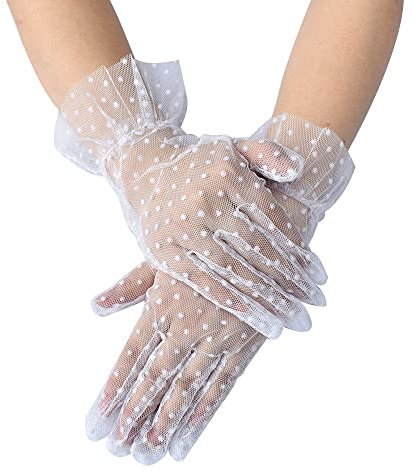 krautwear® Damen Handschuhe Spitze Ellenbogen Lang Abendhandschuhe Gerafft Braut Kurz Satin Schleife (1133-kurz-weiss)
