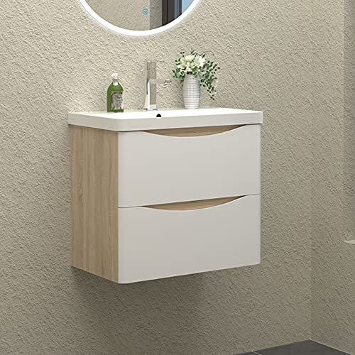 Waschtisch mit Unterschrank 60 cm Breit Weiss + Holzfarbe Badmöbel Set Hängend 2 Soft-Close Schubladen MDF-Platte