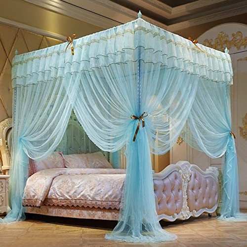 DUXY Moskitonetz, Luxus Prinzessin Betthimmel mit Edelstahlhalterung, Betthimmel mit 4 Eckpfosten 3 Seitenöffnungen, für Mädchen Kinderbett Kinder Erwachsene, Bettwäsche Dekor,Aqua,150x200cm