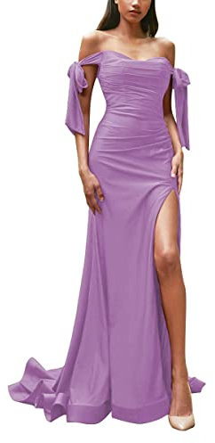 Vestido formal de mujer con hombros descubiertos para boda, fiesta, noche, vestido largo de sirena fruncido de satén con abertura, Lila, 42