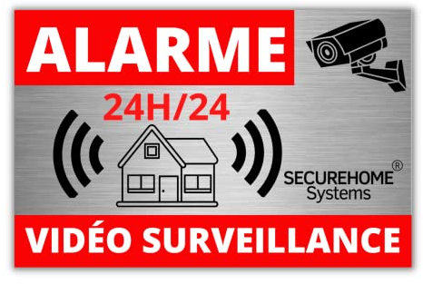 SecureHome Systems - Lot de 8 autocollants effet alu dissuasifs vol - Alarme + Vidéo-surveillance 24h/24- Haute qualité, résistance pluie et UV - 8,5x5,5cm