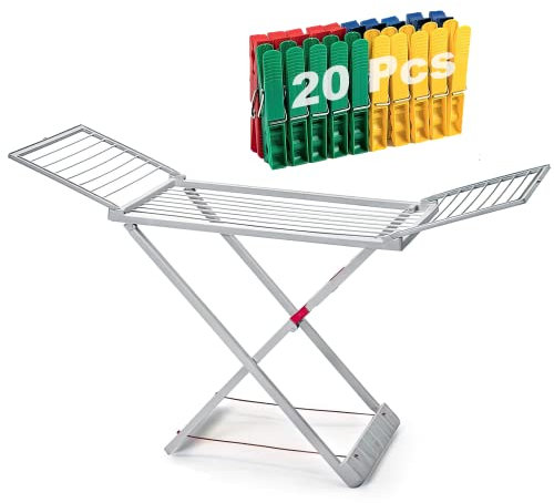 ForenTex Tendederos Plegables con alas, Hecho de Resina, Superficie de tendido 20 m, con Bloqueo de Seguridad, Resistente al Sol, Incluye 20 Pinzas (Gris)