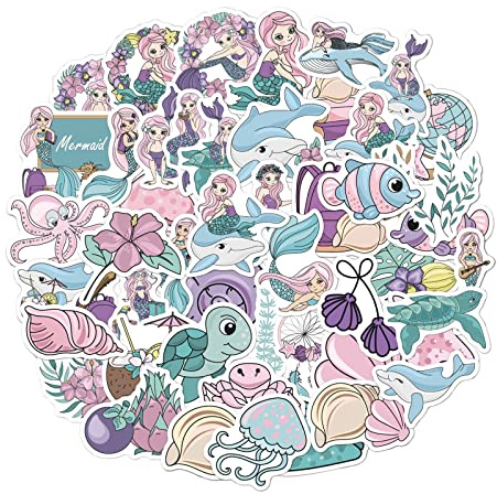 APOMOONS Pack of 50 Mermaid Stickers, Waterproof Vinyl, Cute Aesthetic, Multicolor, For Laptops, Phones, Water Bottles, Skateboards, Suitcases, Guitars, Pads