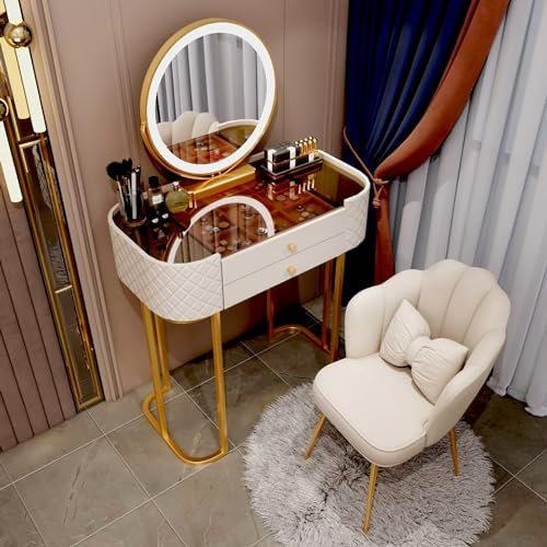 Tavolo da trucco per camera da letto con luce tattile regolabile a 3 colori, grande set da tavolo da trucco, scrivania da trucco con scrivania in vetro temperato, per donne e ragazze (Size : 80cm-whi