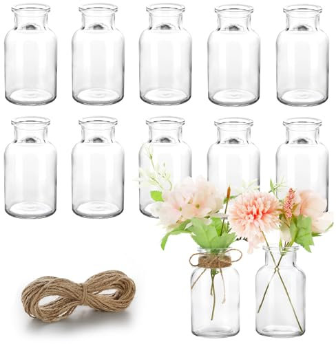 Lannvan Lot de 12 petits vases en verre pour décoration de table de mariage - Avec ficelle de jute de 8 m - Mini vases en verre pour décoration de table - Passe au lave-vaisselle - 10,5 cm de haut