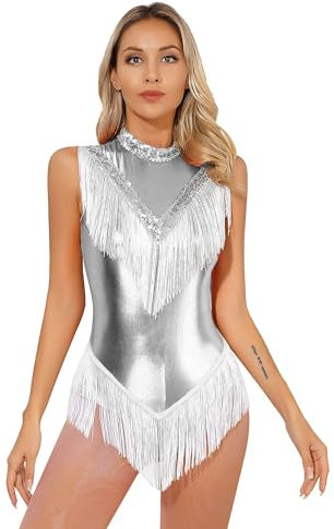 Agoky Damen Metallic Ballettanzug Pailletten Ballett Trikot Tanz-Body Ärmellos Flapper Fransen Kleid Eiskunstlauf Bekleidung Silber F L
