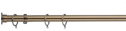 Lister Cartwright 28mm Antique Brass Fixed Metal Curtain Pole Set Rings with Disc Stopper Finial Voile Easy fit to Outdoor, Bedroom, Living Room (150 cm)