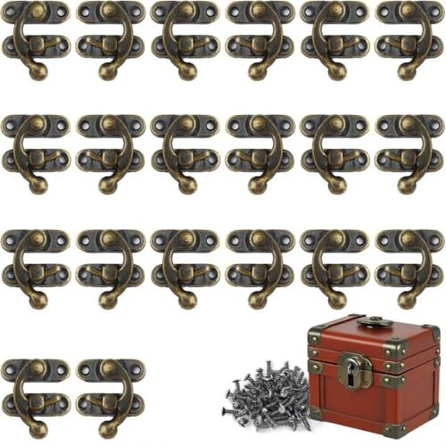 NIYATA 20Pcs Crochets Antiques à Gauche et à Droite,Fermoir Boite en Bois avec 80 Vis,fermoir boite,Fermeture Vintage Lock pour Petite Boîte en Bois,Boîte à Bijoux,Boîte à Vin