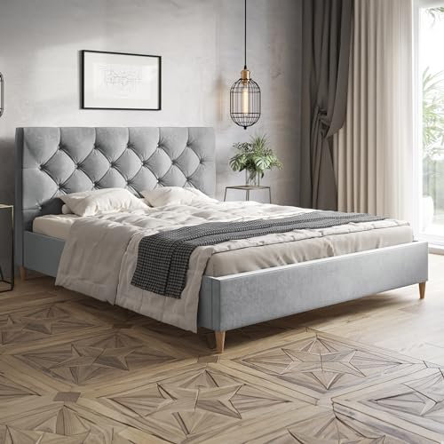 MOTIVENA Lusi Chesterfield Polsterbett 140x200 Mit Füßen, Ohne Bettkasten, Samt, Mit Lattenrost Und Kopfteil, Ohne Matratze, Hellgrau