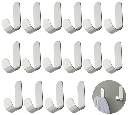 16 Piezas Ganchos Adhesivo Set, 6 * 3 * 1.8cm Colgador Toalla, Gagancho Autoadhesivo de Acero Inoxidable, Colgadores de Pared para Baño Aseo Cocina Oficina(Plateado)