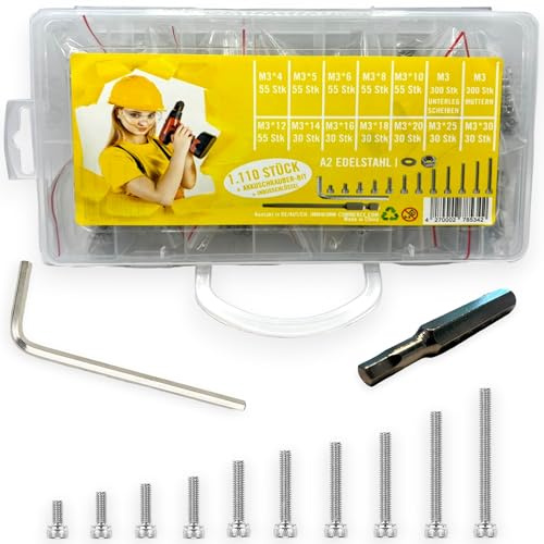 M3 Schrauben Set, 1.112 Teile, A2 rostfreier Edelstahl, Innensechskantschrauben inklusive Bit für Akkuschrauber und passender Inbusschlüssel