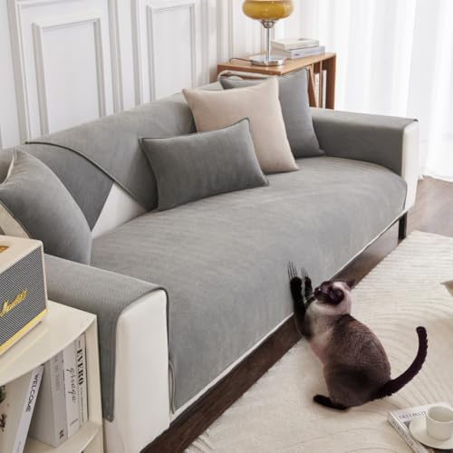 DUJUIKE Sofa Überzug 1/2/3/4 Sitzer, Chenille Sofaüberwurf, Ecksofabezug, L-Form Sofabezug, Katzensofa-Schutz, Knitter- und Kratzfest, Waschbar, rutschfest für U Form Sektionssofa(Grau,90x90cm)
