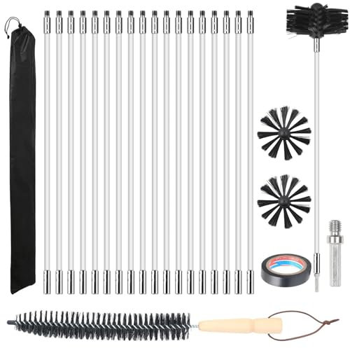 4 Chimney Cleaning Brush Set with 18 Flexible Nylon Rods 41cm and 2 Brush Heads, Chimney Cleaning Brush and Rod Set, Fireplace Brush Kit, Dryer Vent Cleaning Brush, Wood Stove Cleaning