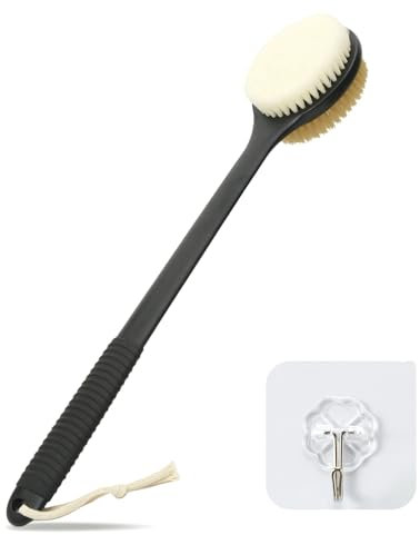 VANZAVANZU 42 cm Rückenbürste mit langem, rutschfestem Griff – Doppelseitige Duschbürste für nasse und trockene Anwendung, natürliche Borsten, Peelingbürste gegen Cellulite (Schwarz)
