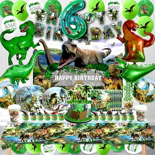 Dino Deko Geburstag Junge 6 Jahre - Kindergeburtstag Ballons 146 Pcs, Geburtstag Geschirr Set für 10 Gäste, Helium Luftballon, Dschungel Dinosaurier Party Dekoration für Mädchen