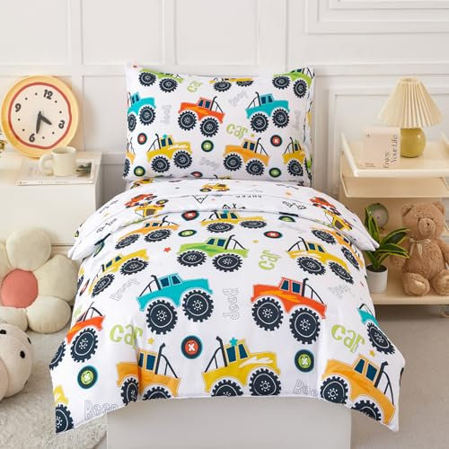 PERFEMET 4-teiliges Kleinkind-Bettwäsche-Set – buntes Auto bedrucktes Kleinkind-Bettwäsche-Set für Jungen, wendbar, flauschiges Kleinkind-Bettwäsche-Set für Baby-Schlafzimmer (weiß, Auto-Muster)