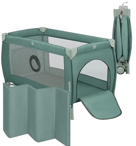 LIONELO Stefi Plus 2-i-1 Resesäng & Spjälsäng för Baby (0–36 mån/upp till 15 kg), Två Madrassnivåer, Mjuk Madrass, Transportväska, Bambu Swaddle, Sidoingång, Ventilerande Nätväggar, Hjul, Grön Oliv