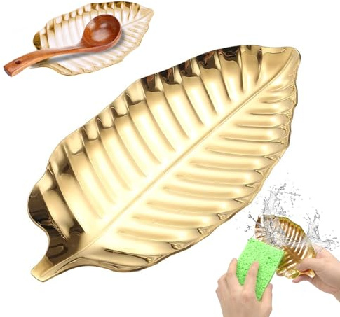 Löffel Halter Küchenruhe, kein Rost Keine Form Edelstahl Golden Teelöffel Rest Blatt Form Kleine Kochlöffel Rest für Countertop Besteck Spatel Zangen, mit Spülschwamm
