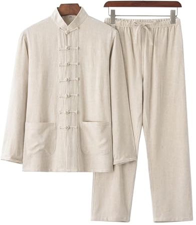 DAYKET Uniforme da Uomo Tai Chi, Tuta Tradizionale Cinese per Arti Marziali in Cotone e Lino Kung Fu Tangzhuang, Set Top a Maniche Lunghe + Pantaloni,Khaki-XXL