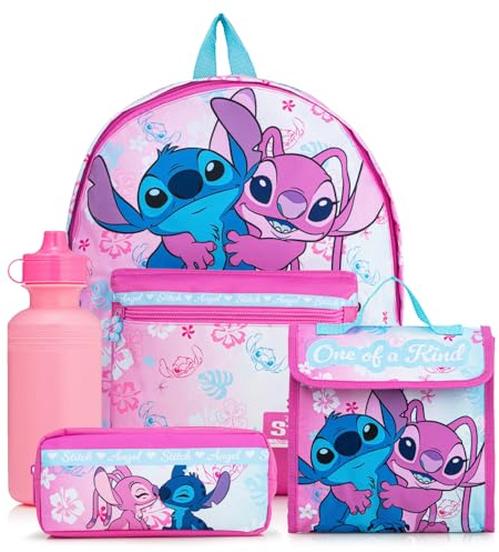 Disney Lilo & Stitch Ensemble de 4 pièces pour enfant Sac à dos, boîte à déjeuner, trousse à crayons et bouteille d'eau, rose, Ensemble cartable