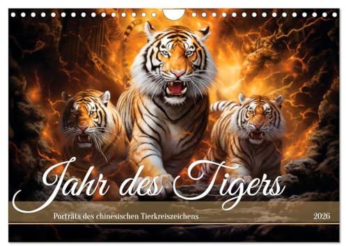 Jahr des Tigers - Porträts des chinesischen Tierkreiszeichens (Wandkalender 2026 DIN A4 quer), CALVENDO Monatskalender: Tierkreiszeichen Tiger in Airbrushtechnik (CALVENDO Tiere)