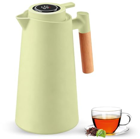 Termoskanna 1 l termoskanna med LED-temperaturdisplay, vakuum isolerad kaffekanna med dubbel glasinsats 12 timmar varm/24 timmar kall termoskanna läckagesäker ett knapptryck BPA-fri för hem och kontor