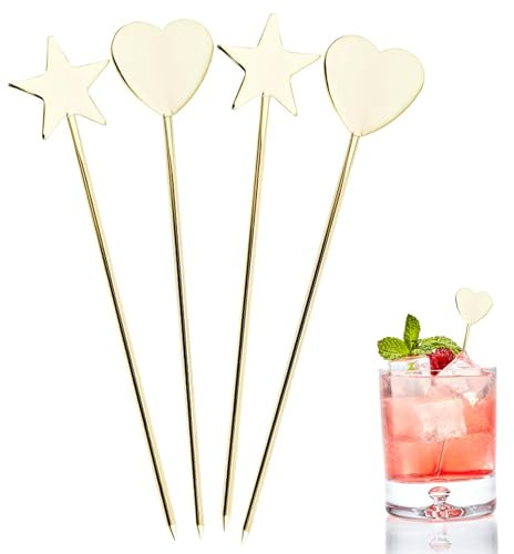 4 Stück Cocktailspieße 12 cm Goldene Cocktail Zubehör Spieße Fingerfood Metallspieße Rostfreier Stahl Obstspieße für Grillen, Vorspeisen, Cocktails, Charcuterie & Burger Garnierung (B)