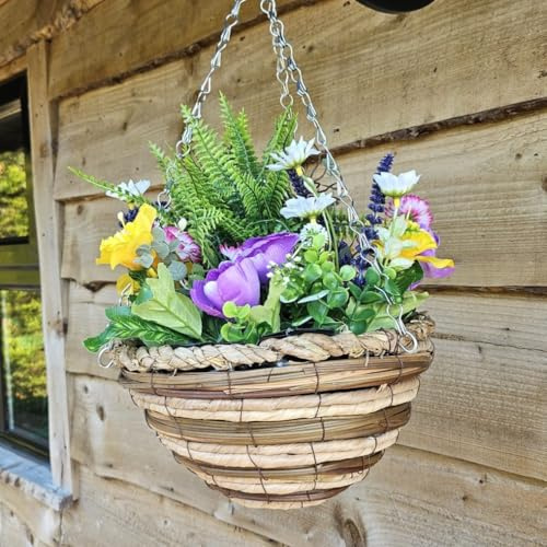 Best Artificial Mixed Meadow Flower Display in 10 inch Woven Decorative Hanging Basket (Yellow (Fern))
