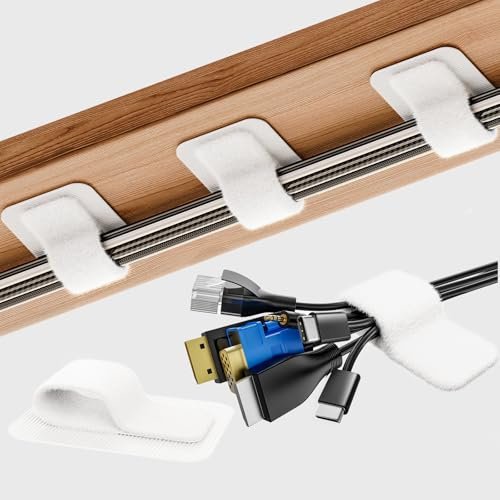 Cable Management Under Desk, 【Up to 15 Cord】【Enhanced Wire Holder】 Cord Organizer, Adjustable Hook and Loop Cable Ties, Reusable Cord Holder, Cable Clips Under Table Cable Hider, 20 Pair(White)