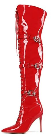 Veelau Meieer Damen Stiefel Stiletto Schnürstiefel Motorrad Overknees mit Riemen Schnallen Reißverschluss