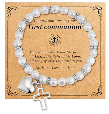 Bracelet communion fille avec croix et perles blanches Cadeau première communion fille religieux Bracelet croix argent symbole foi chrétienne Bijoux religieux pour baptême,confirmation ou profession