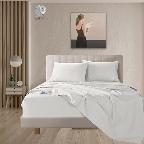 various Juego de Sábanas de Tejido Jersey Liso 100% Aglodón de 3 Piezas,Sábana Bajera Ajustable hasta 30cm,Encimera,Fundas de Almohada de 45x90cm. (Cama 90x190/200 cm, Blanco)