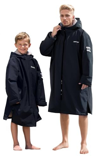 Owntop Wasserdichter Wickelmantel für Erwachsene - Winddichte Kapuzenmantel mit Sherpa-Fleece-Futter | Individueller Klettpatch | Übergroßer Wärmemantel für Schwimmen Surfen Strand (Schwarz,L)