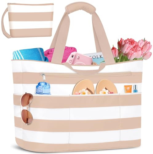 BTNEEU Strandtasche mit Reißverschluss Strandtasche XXL Familie Extra Große 50L Badetasche Wasserdicht Sanddicht Beach Tote Bag Damen mit 14 Taschen Shopper für Reisen Fitness Pool (Khaki Streifen)