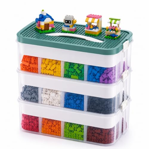 Vixzoid Aufbewahrungsbox mit Deckel für Lego Stapelbare Sortierbox Transparent mit Verstellbaren Fächern, Ordnungsbox Aufbewahrungsboxen für Lego, Bausteine, Puzzle & Bastelzubehör (3-Lagiger)