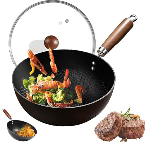 Sartén antiadherente de fondo plano de 28 cm, hecho a mano, con patrón de escamas de pescado con tapa, sartén de alta pureza para cocinas de gas y esencial de cocina fácil de limpiar